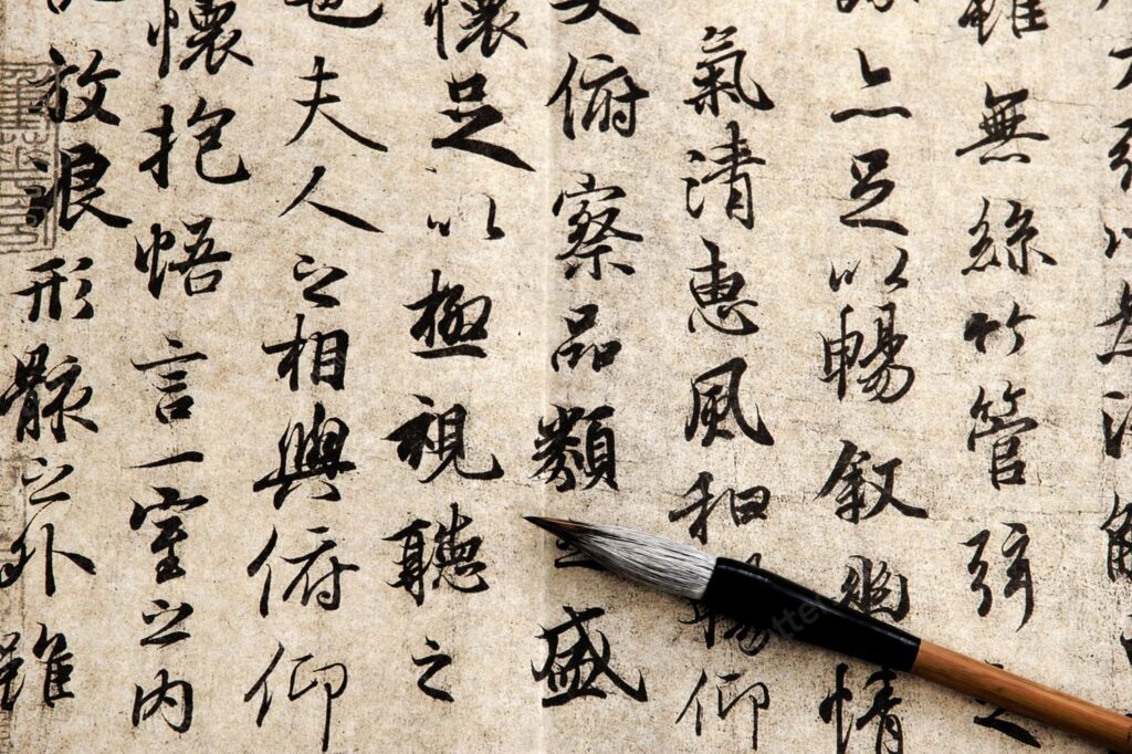 stock-photo-chinese-antique-calligraphic-text-on-beige-paper-with-brush-84990124